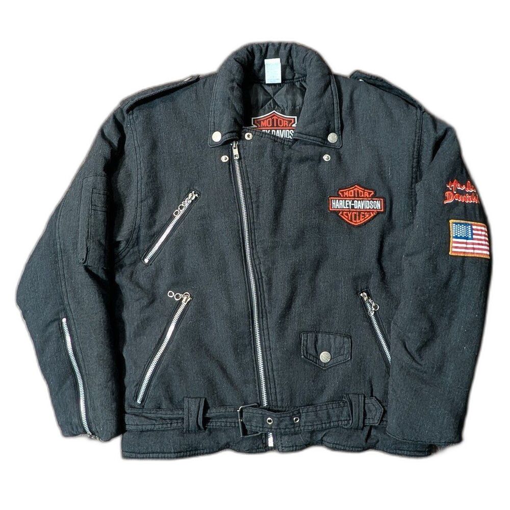 VTG Harley Davidson Youth Motorcycle Jacket Cotton Quilted Embroidered Patches L